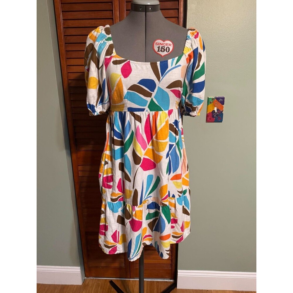 Tabitha Brown Target Mini Dress Women XS Botanical Print Linen Blend Pockets